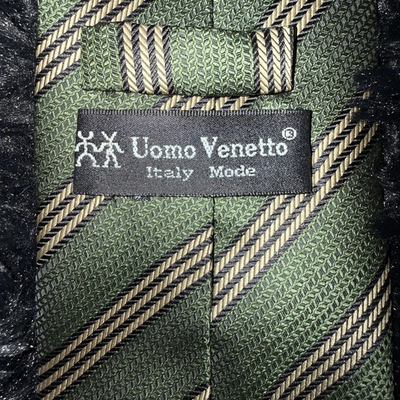 Uomo Venetto Tie Mens Green Gold Striped Silk Look Classic Neckwear - Picture 4 of 4